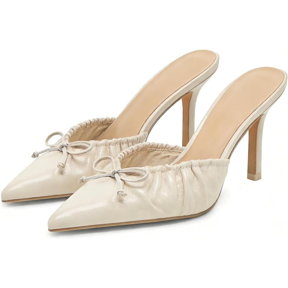Women's Ivory Bow Pointed Toe Heel Dressy Slip on Mules Trendy Sexy Stiletto